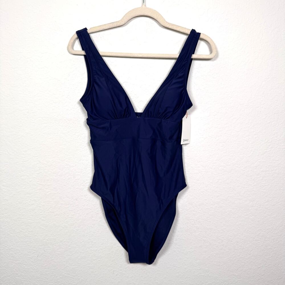 Quince Womens Italian Plunge One Piece Swimsuit Size S Swim Beach Deep Navy